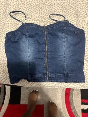 Zip-Front Dark Blue Denim Top for Women